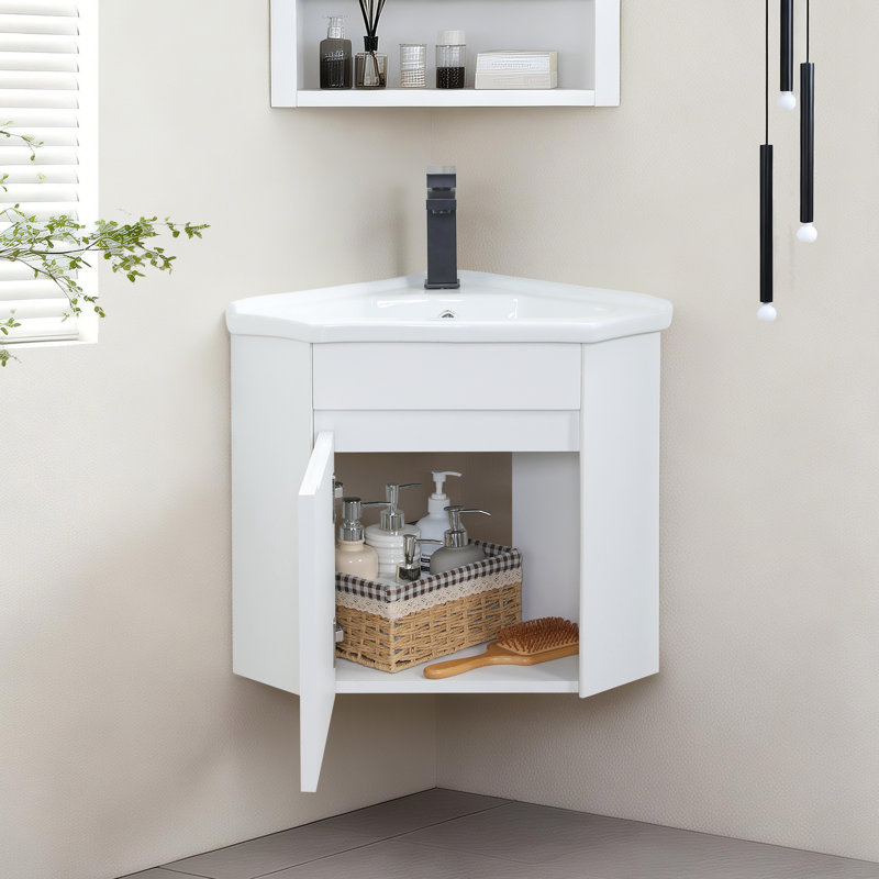 Ensemble de meuble-lavabo simple moderne autoportant 30 po avec plateau et tablettes en céramique Isyss, Blanc