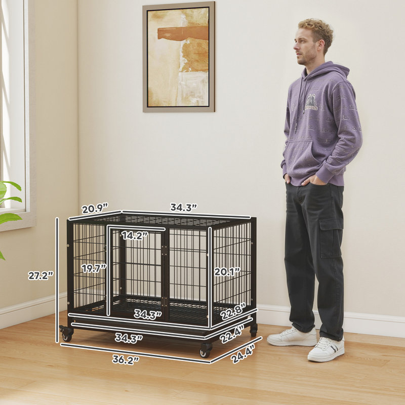 Caisse pour chien robuste 36 "avec plateau amovible, roues verrouillables et porte double, pour chiens de taille moyenne et grande, noir