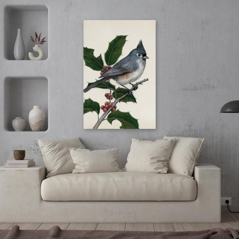 Mésange touffetée, paysage, nature, illustration, dessin, art contemporain, H 36 po x l 24 po