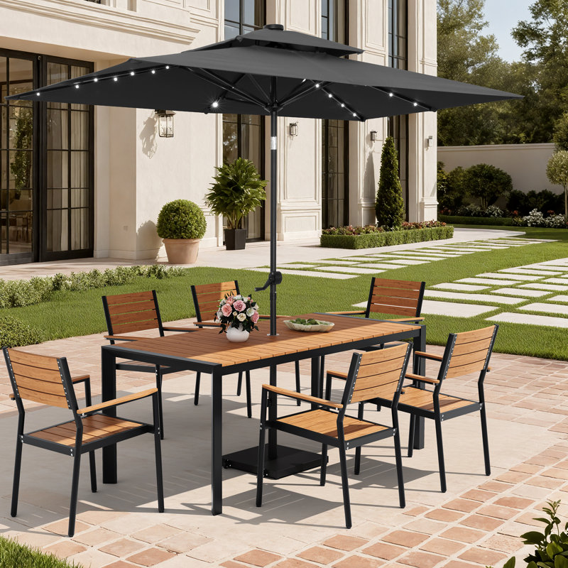 Ensemble de salle à manger en aluminium pour 6 personnes avec chaises empilables, parasol solaire à DEL et base lestée, Brown