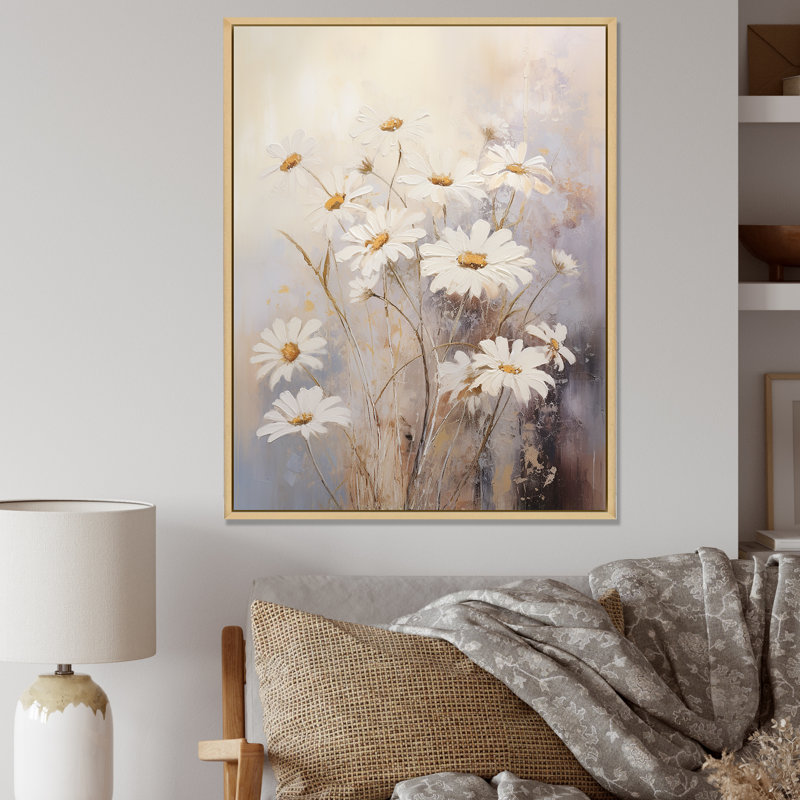 «White Daisy Fields Elegance IV», reproduction sur toile, Cadre naturel flottant, H 44 po x l 34 po x P 1,5 po
