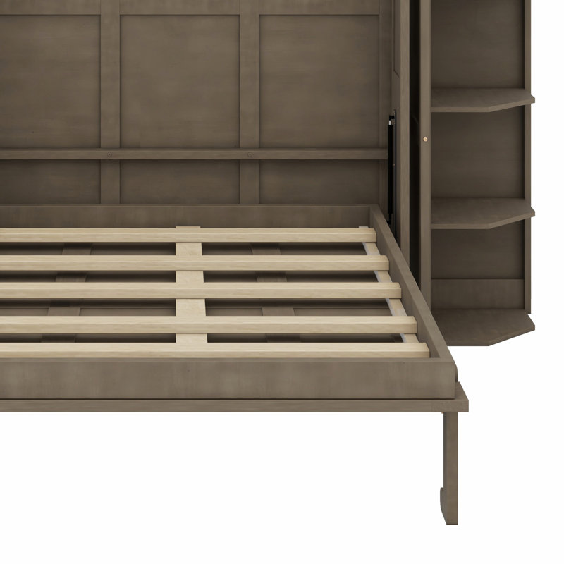 Lit escamotable rotatif avec armoire murale cachée, deux tablettes latérales à 3 niveaux, bureau convertible, supports de rangement supplémentaires, lit mural multifonctionnel peu encombrant