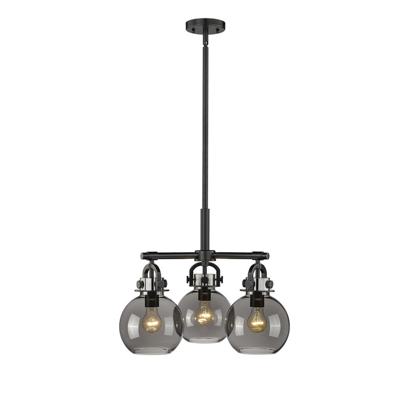 Luminaire suspendu sur tige 3 lumières Lantz, Plaqué couleur fumée, Noir mat