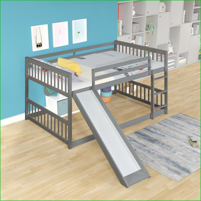 Lit superposé double en pin massif avec glissière convertible Échelle, aucun sommier requis, gris