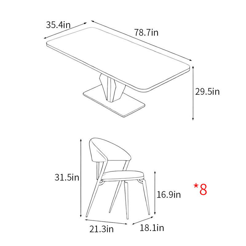 Modern simple rectangular dining table set, Gray, 29.5"H x 78.7"L x 35.4"W