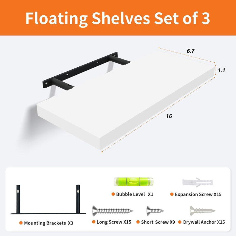 White Floating Shelves For Wall Set Of 3, 16" White Wall Shelves For Home Decor, Frame Display Wall Mounted White Floating Shelf For Living Room, Bedroom, Bathroom, Kitchen