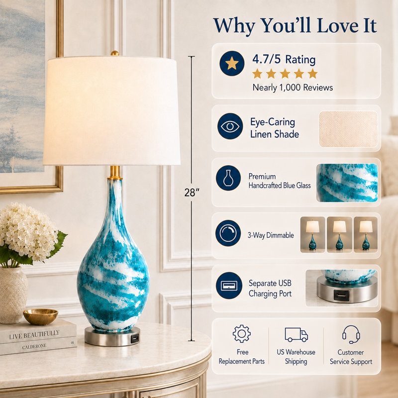 Aitkin 28" Modern Blue Glass Table Lamp with 3-Way Dimmable Lighting and USB Port 
