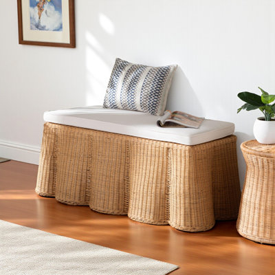 Colindres Natural Rattan Ottoman with Cushion - Coastal Boho Style Accent Furniture, Rectangle, Handwoven Wicker, Natural Rattan Ottoman with Cushions