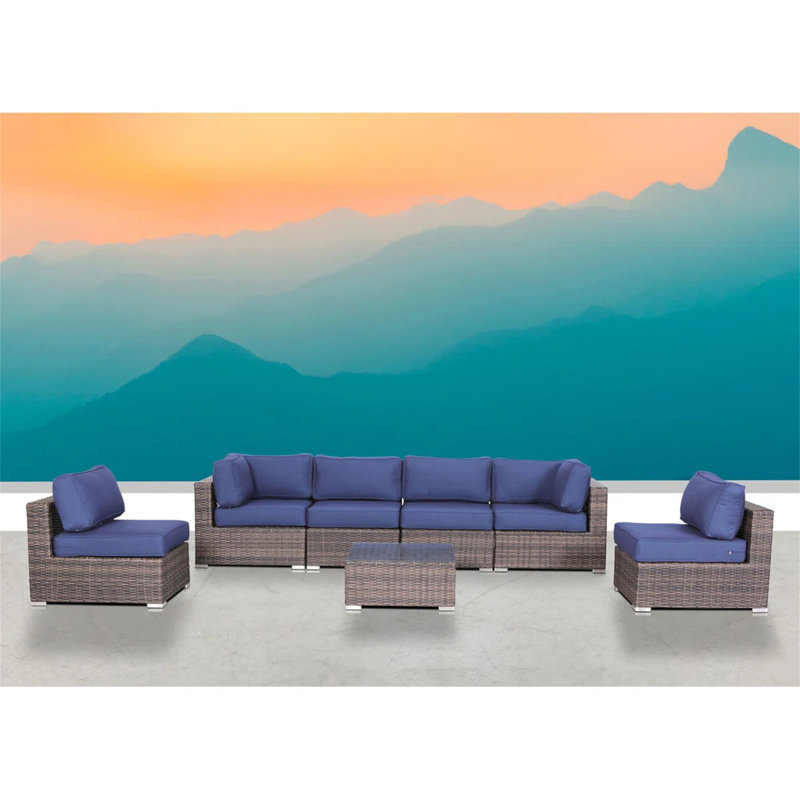 Ensemble modulaire en rotin 7 pièces avec coussins entièrement assemblé