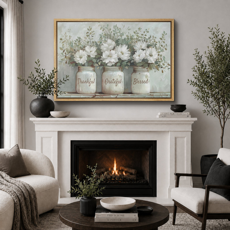 «Thankful Grateful Blessed Inspirational Green Floral Rustic Mason Jar», grande impression sur toile, H 24 po x l 36 po