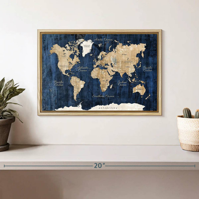 Carte du monde en bois texturé, 13 po x 9 po, Cadre flottant en bois naturel