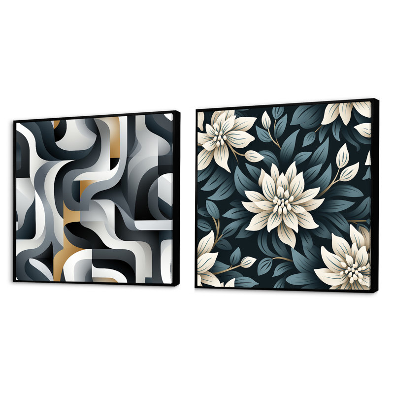 Essence monochrome - Collages abstraits, ensemble de 2 collages carrés, Cadre flottant noir, H 16 po x l 33 po