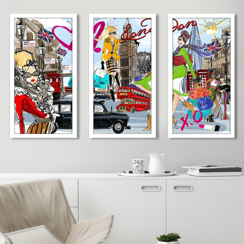«Take Me to London» par Jodi - peinture encadrée 3 pièces, L 52,5 po x H 33,5 po x P 1 po