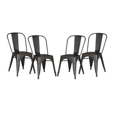 Set of 4 Stackable Metal Dining Chairs, Modern Industrial Side Chairs in Distressed Black