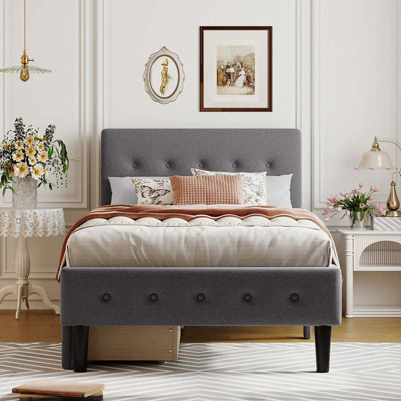 Upholstered Platform Bed With 2 Drawers, Gray