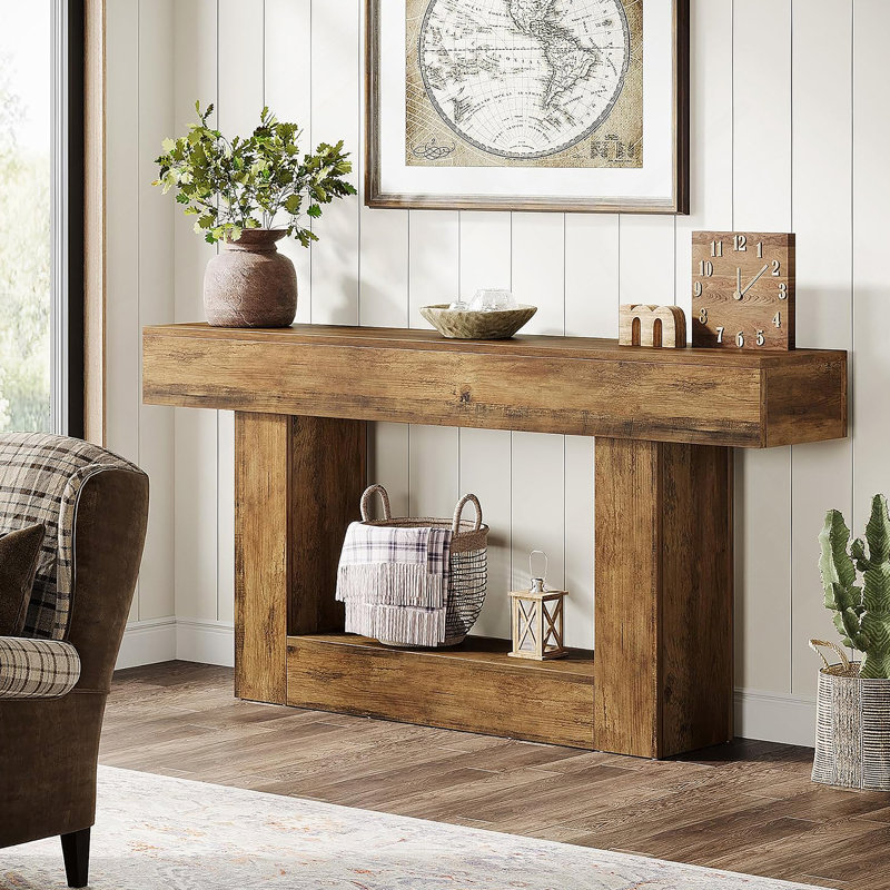 Console 63 pouces avec base en forme de U, canapé long en bois étroit pour le salon et le couloir, Brun