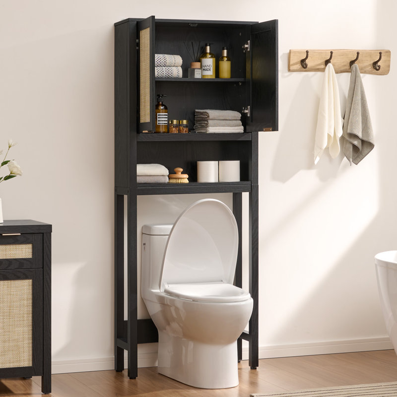 Boho Bathroom Space Saver Cabinet With Rattan Doors, Over-The-Toilet Storage Organizer With Adjustable Shelf, Black