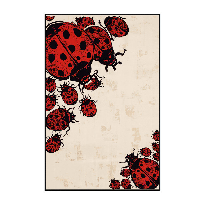 Machine Washable Peirsen Ladybug Global Inspired Block Print Rug in Beige – Black Binding, 2x3