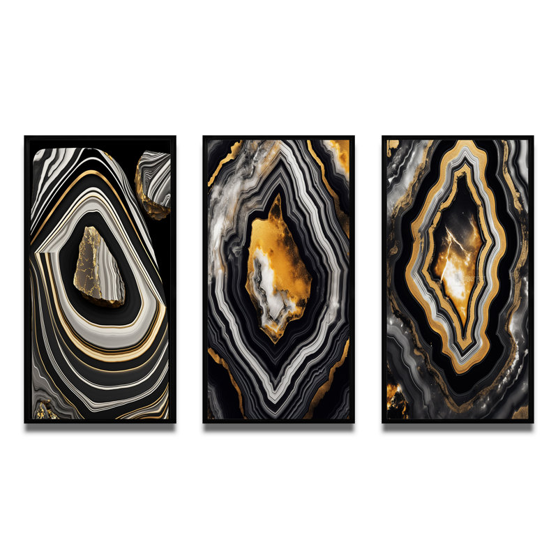 Ensemble d'imprimés 3 pièces - Agate dorée noire Glam Serenity I, Cadre noir, H 40 po x l 60 po
