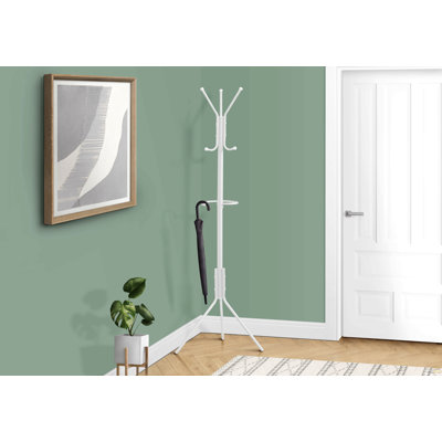 Coat Rack, Hall Tree, Free Standing, Hanging Bar, 6 Hooks, Entryway, 68"h, Bedroom, White Metal, Contemporary, Modern