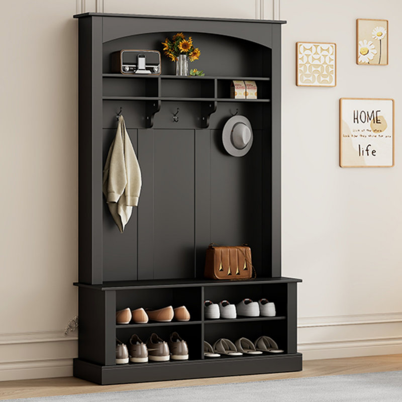 Arbre d'entrée de 47,2 po de largeur avec banc et rangement pour chaussures, rangement multifonctionnel pour hall d'entrée avec 3 crochets, tablettes ouvertes et compartiments réglables