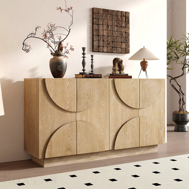 Grand buffet de rangement à 4 portes - Poignées semi-circulaires, tablettes réglables, armoire en bois pour la salle à manger