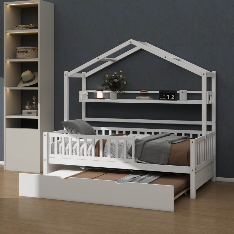Lit en bois avec couchette, lit pour enfant avec tablette, Simple