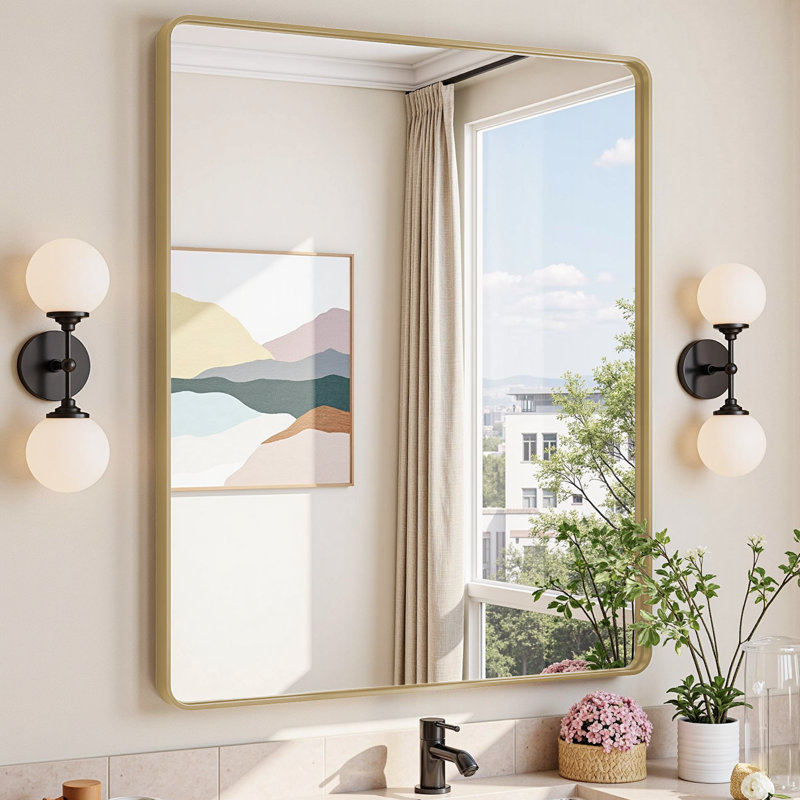Lunara 1.18" Deep Rounded Corner Rectangular Bathroom Wall Mirror with Premium Tempered Glass & Aluminum Alloy Framed, Gold
