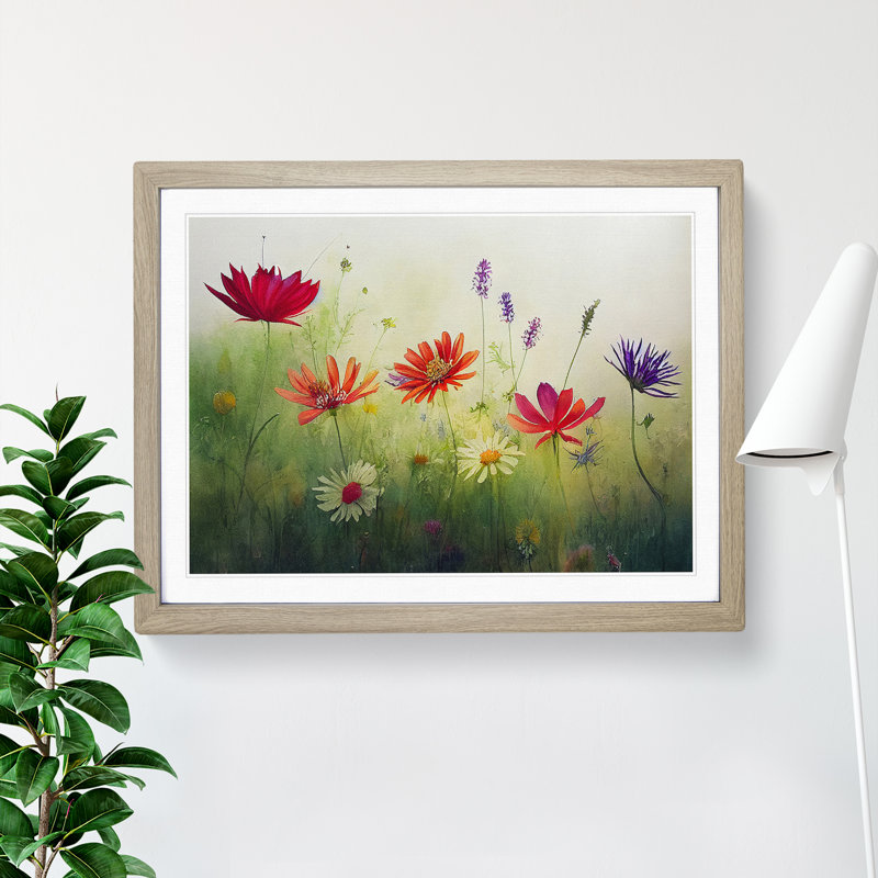 Expressive Wildflowers Floral - Single Picture Frame Print, Oak, 46cm H x 64cm W x 2cm D