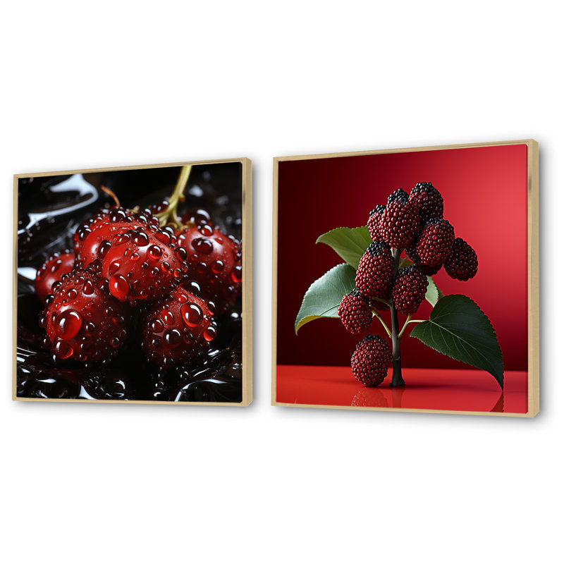 Fruits, juteuse et framboise Delight I - fruits, ensemble de 2 reproductions d'art mural, Cadre flottant brun