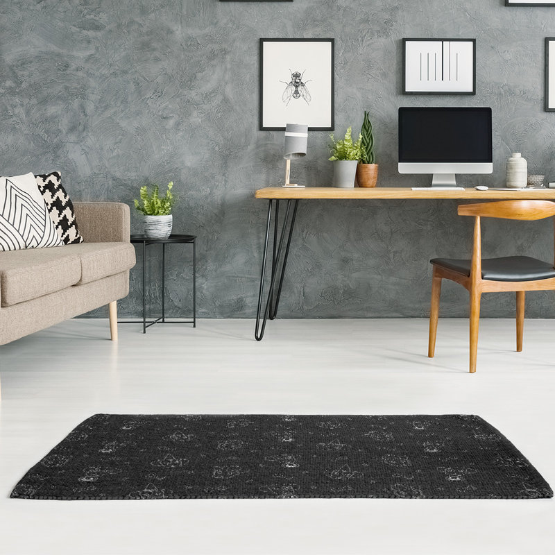 Tapis noir/blanc fait main, Rectangle 5 pi x 7 pi