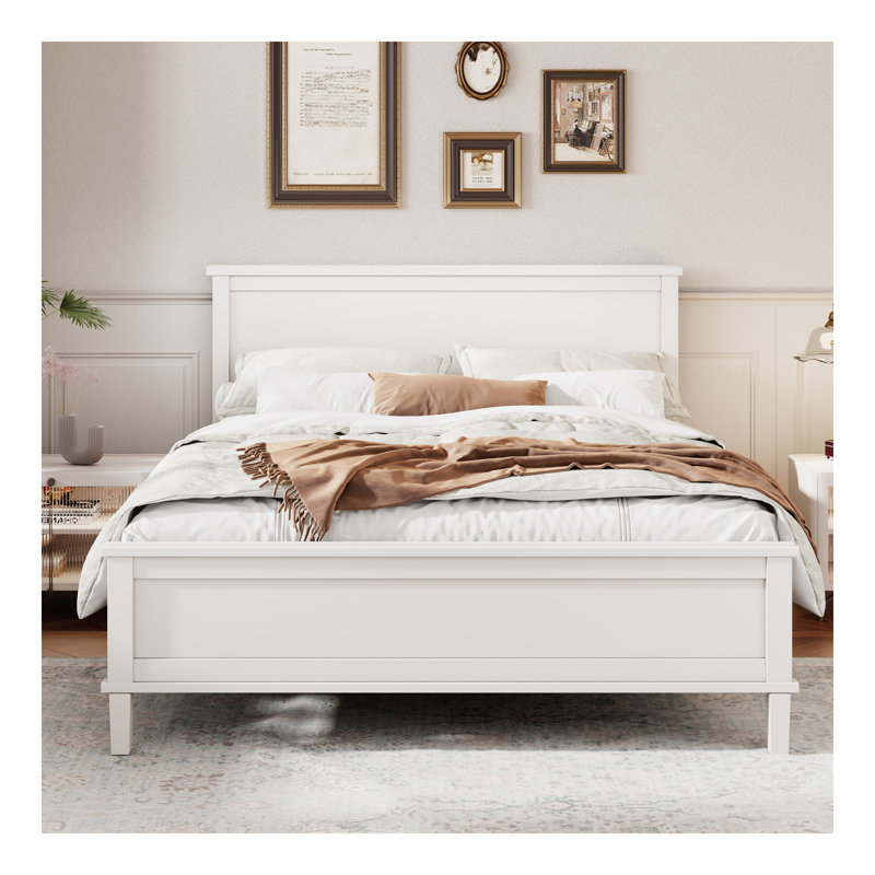 Mid-Century Wood Platform Bed With Headboard And Wood Slat Support, No Box Spring Needed, Full Size, White, Full