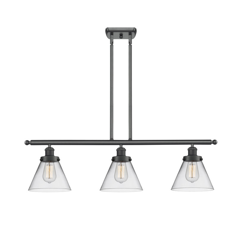 Luminaire suspendu linéaire à 3 lumières pour îlot de cuisine Gwinnett, Noir mat, Ampoule non incluse, Transparent