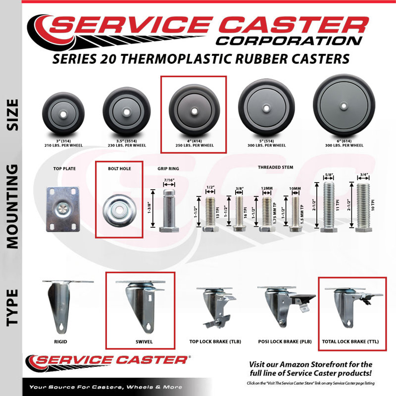4 Piece Thermoplastic Rubber Caster Set with 2 Total Lock Brakes