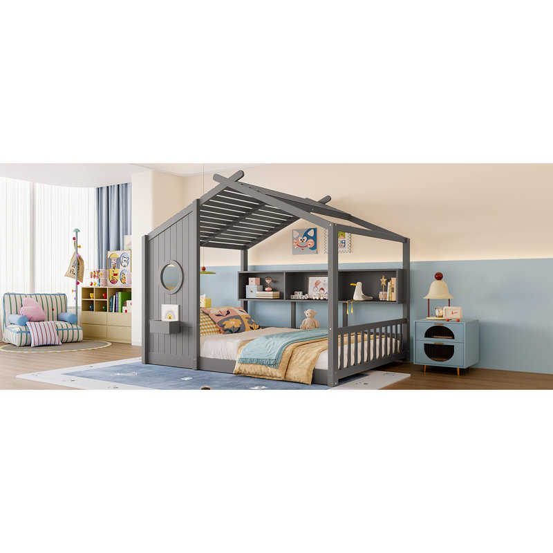 Lit double pleine grandeur à plancher gris avec tablette de rangement, toit et espace d'imagination, expérience de maison de jeu
