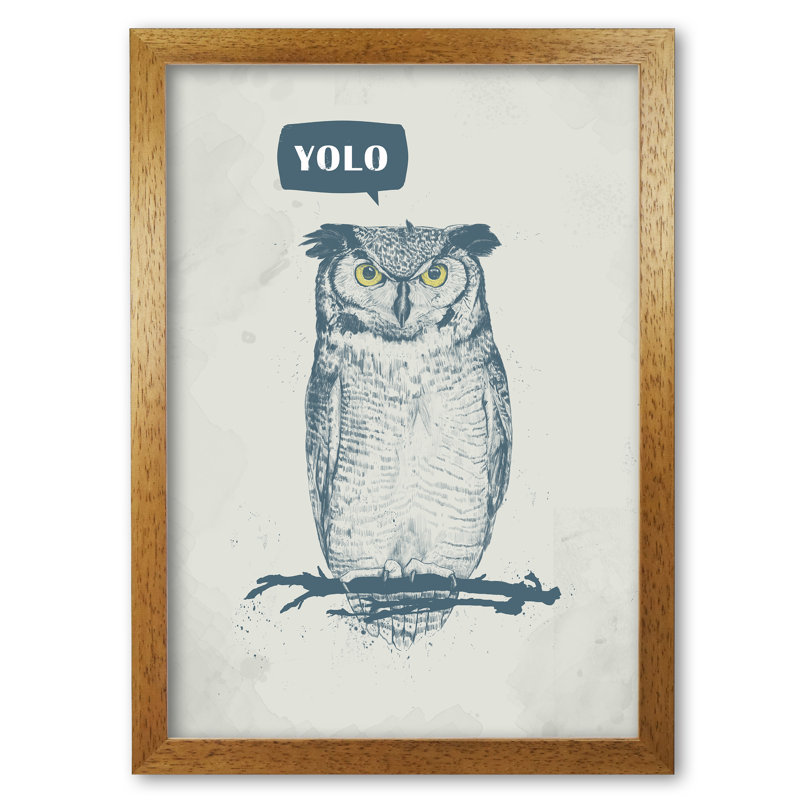 Yolo Owl by Mercedes Lopes Charro - Print, 29.7 cm H x 21 cm W x 5 cm D, Honey Oak
