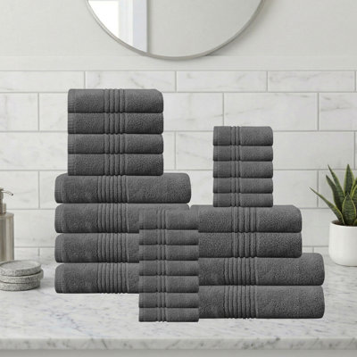 Ensemble de serviettes de bain 100% coton Phoebe 500 g / m² zéro absorbant Home Weavers, 13 po x 13 po (12), 16 po x 24 po (6), 27 po x 54 po (6) (6 serviettes de bain, 6 mains, 12 serviettes) Gris foncé
