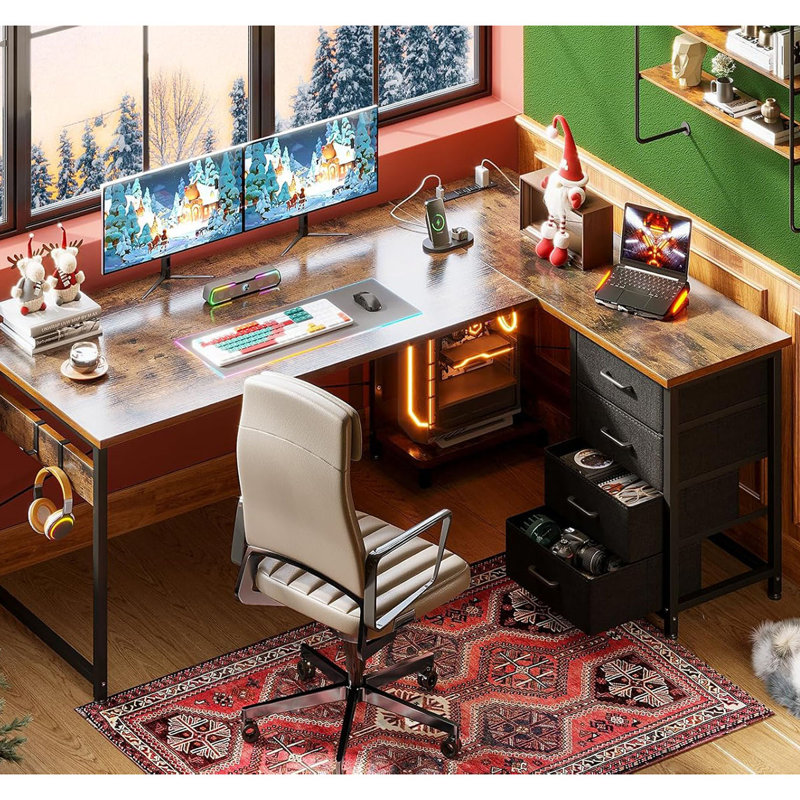 L Shaped Desk With 4 Tier Drawers, 61" Reversible Gaming Desk With Power Outlets, L Shaped Computer Desk With USB Charging Port And Host Stand, Home Office Corner Desk, Easy To Assemble, White