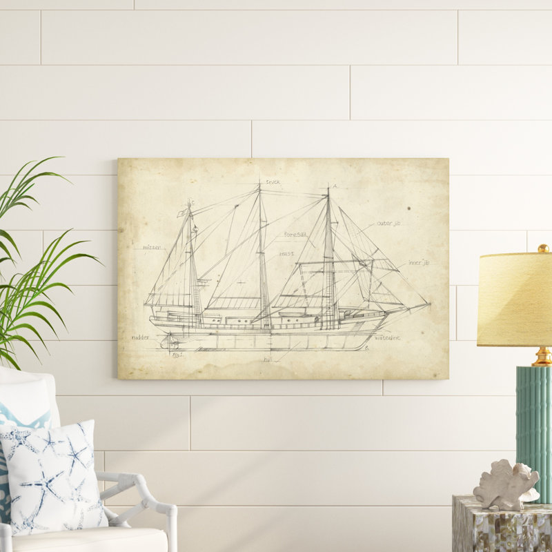 «Sailboat Blueprint II», reproduction d'art sur toile, H 24 po x l 36 po
