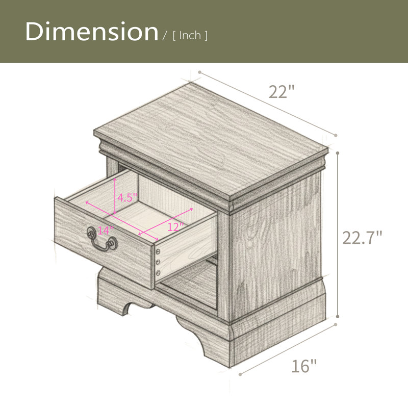 22" X 16" X 22.7" Classic Wooden Nightstand, Black