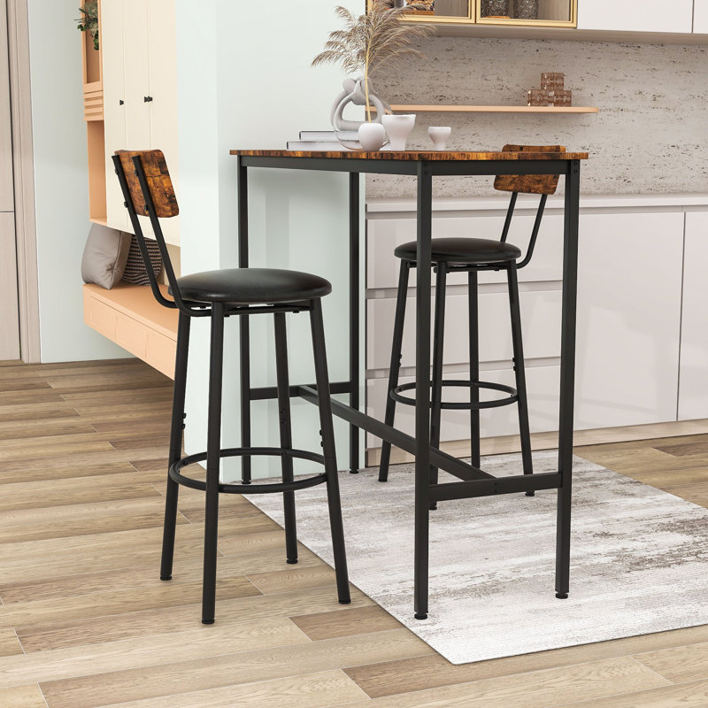 Ensemble de table de bar 3 pièces avec 3 tabourets, Brun rustique, Brun rustique / noir