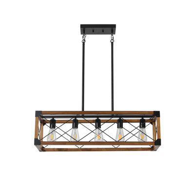 32" Industrial Farmhouse Rectangle Pendant Light - Walnut Wood & Black Metal Frame Chandelier for Kitchen Island, Dining Room, and Cafe Decor
