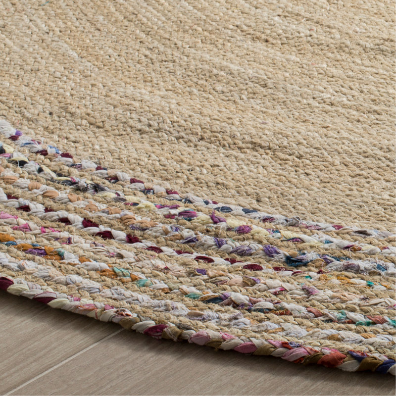 Tapis en jute / coton tissé à la main Abhay beige clair / ivoire, Rond 4 pi