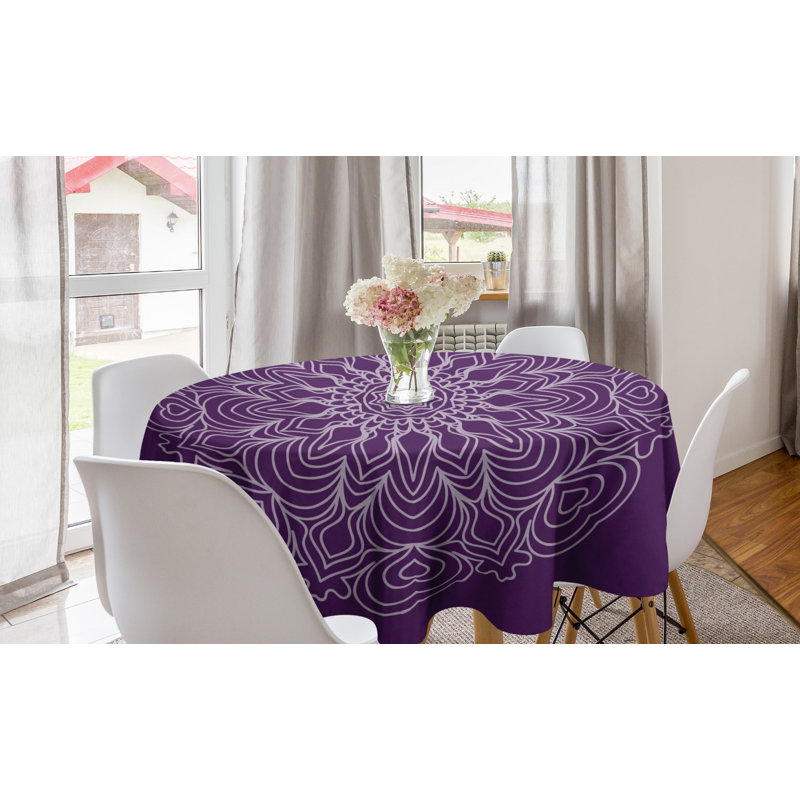 Purple Mandala Round Tablecloth, Lacework Curlicue Design With Abstract Curves And Waves Print, Circle Table Cloth Cover For Dining Room Kitchen Decoration, 60", Purple And Pale Mauve