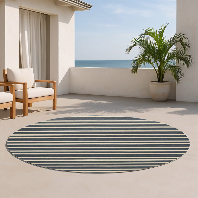 Tapis intérieur / extérieur gris HorizontalStripes, Rond 5 pi