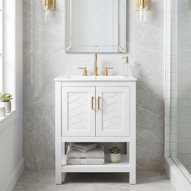 Meuble-lavabo moderne autoportant 24 po blanc avec lavabo en céramique, tablette ajustable, conception élégante en sergé, charnières à fermeture en douceur, structure ouverte au dos