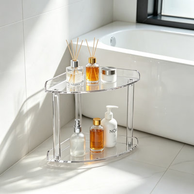 2 Tier Clear Acrylic Bathroom Corner Organizer, Countertop Vanity Tray for Makeup and Perfume, Freestanding Storage Shelf for Bathroom, Bedroom, and Kitchen