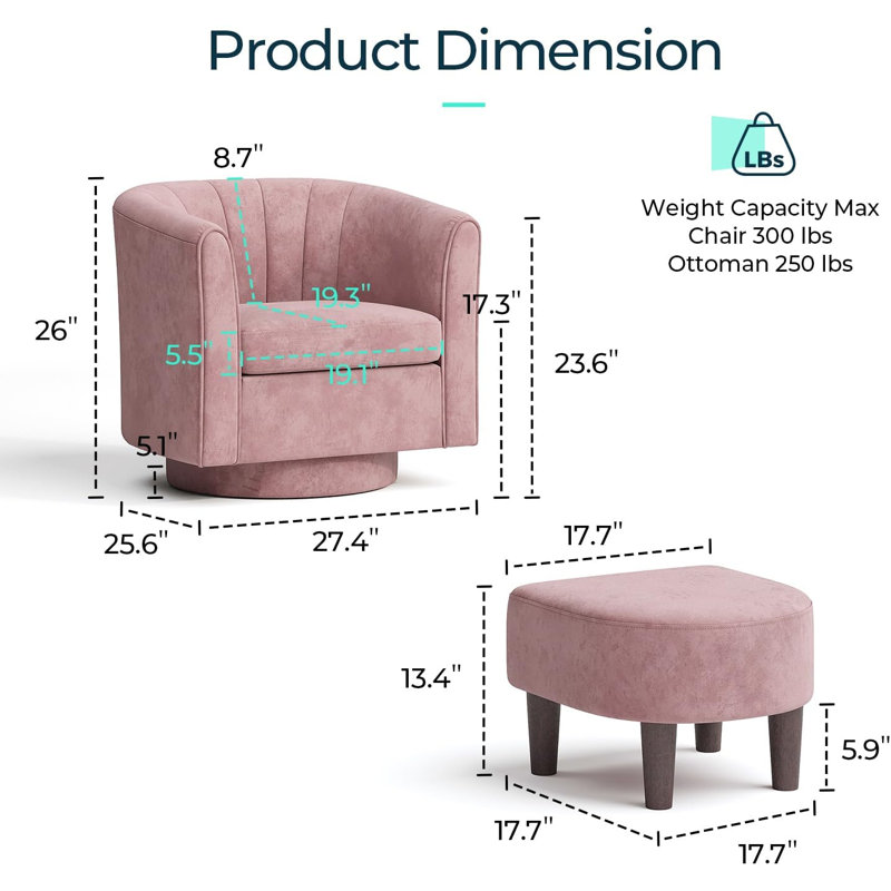 Modern Swivel Accent Chair With Ottoman Set - Velvet Upholstered Barrel Armchair And Footrest For Living Room, Bedroom, Office, Study - 360-Degree Rotation, Compact Space Saving Design