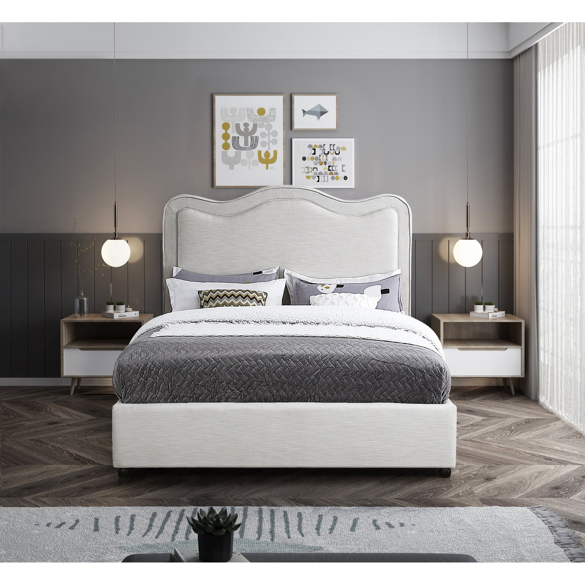 Upholstered Scalloped Bed, Cream Linen, Queen