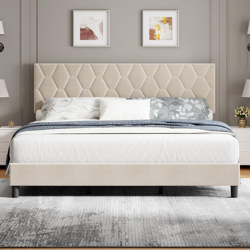 Heavy-Duty Platform Bed Frame, With Height Adjustable Fabric Headboard, Beige, King